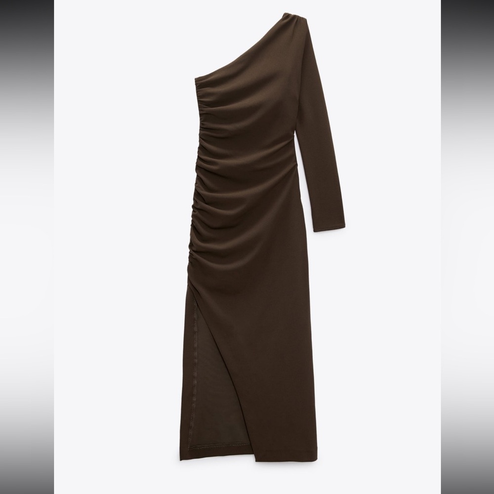 Zara Olive Draped Asymmetric Dress One Shoulder